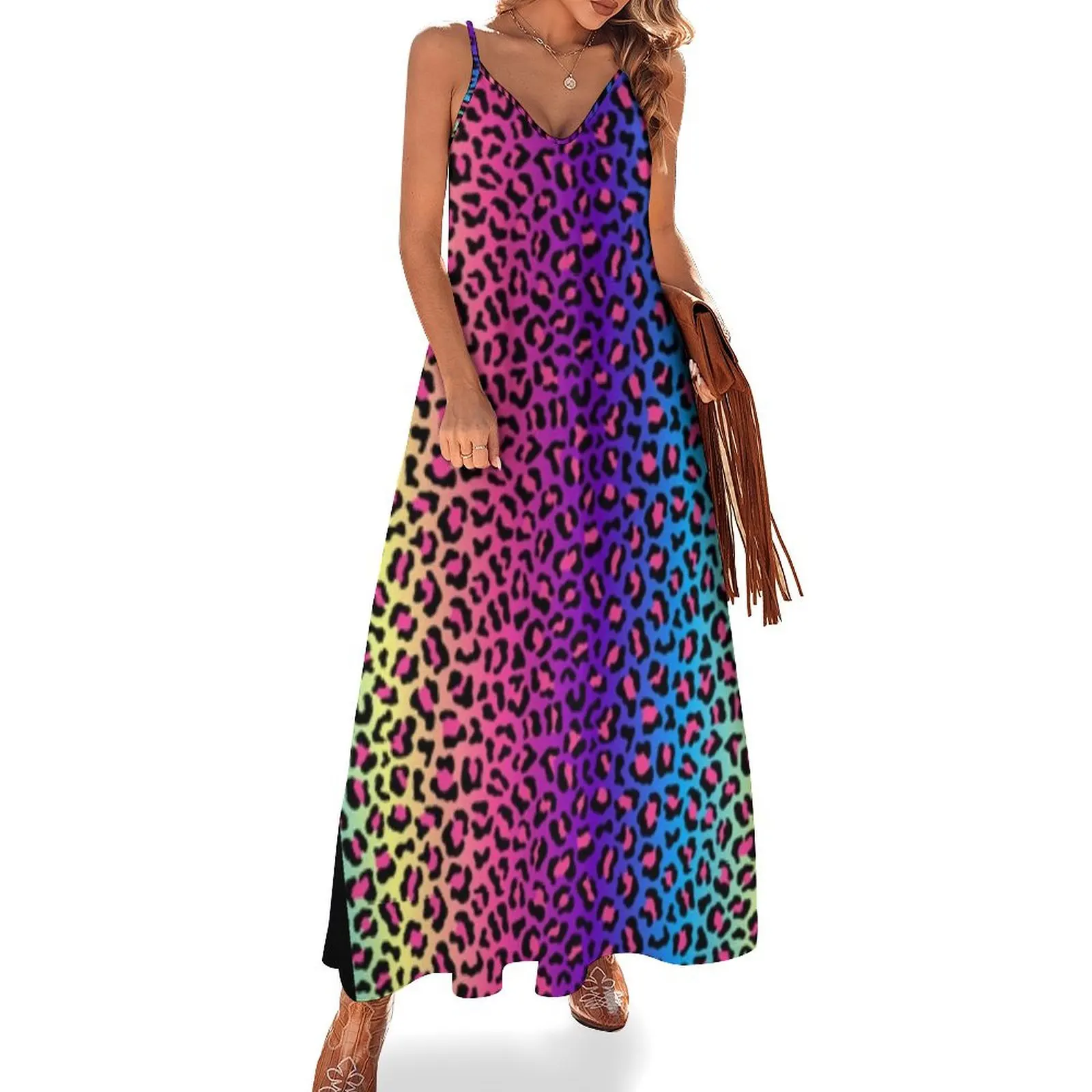 

Rainbow Leopard Sleeveless Dress sensual sexy dress for women Dance dresses evening dress women