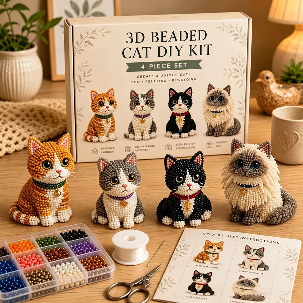 3D Beaded Kitten DIY Beading Kit, 4 Styles Cute Cat Figurine Craft Set, Table Decor Gift For Cat Lovers