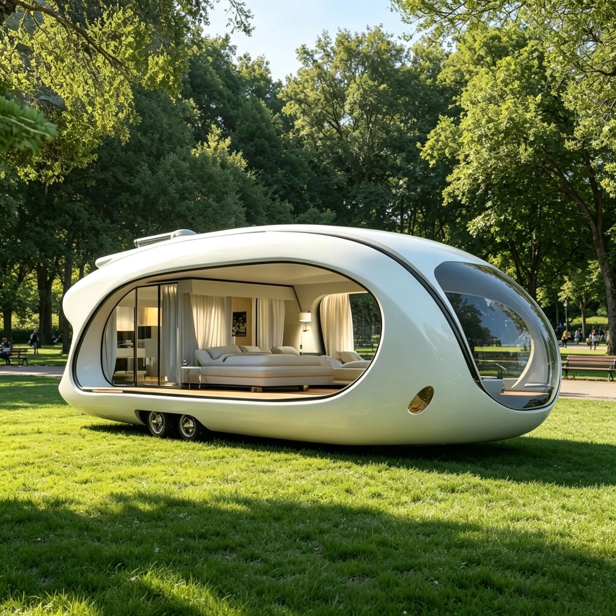 s*-Wheeled Fiberglass Mobile Capsule House Futuristic Outdoor Portable Living Cabin for Camping