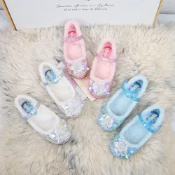 Disney Girls' Plush Slippers Frozen Cute Children's Princess Elsa Winter Cotton Slippers Baby Snow Home Pink Blue Shoes Size