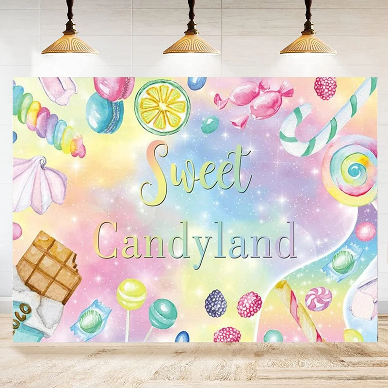 การถ่ายภาพฉากหลังLollipop Candyland Macaron Rainbowหวานวันเกิดตกแต่งSliver Glitterน้ําสีพื้นหลังแบนเนอร์