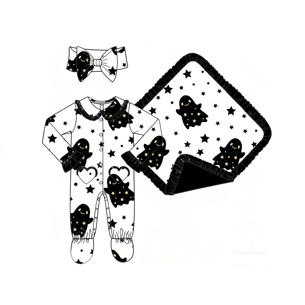 Boutique girls' blanket and romper lapel ruffle buttons love pocket binding feet ghost and bow print Custom patterns