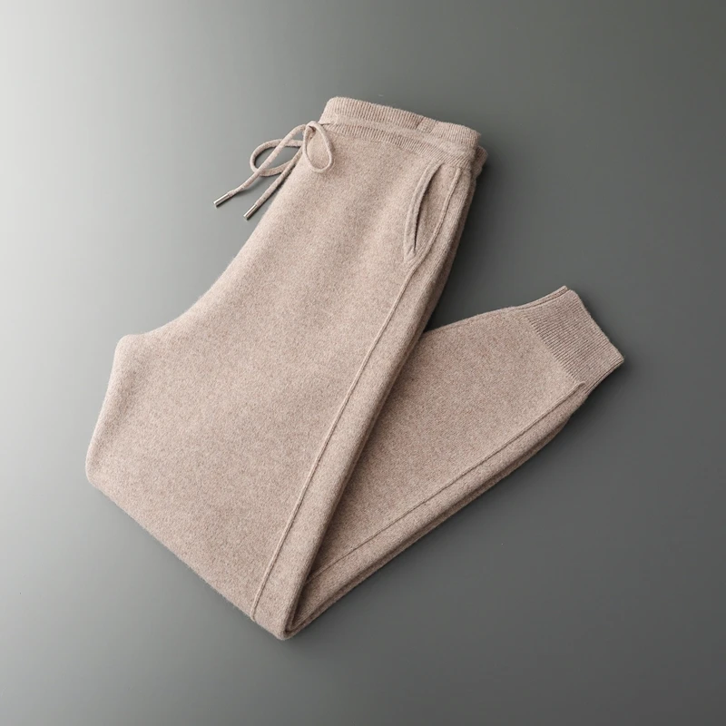 

New Chic Joggers Men's Autumn Winter Thick Warm Casual Pants 100% Merino Wool Knitted Trousers Solid Color Drawstring Wool Pant