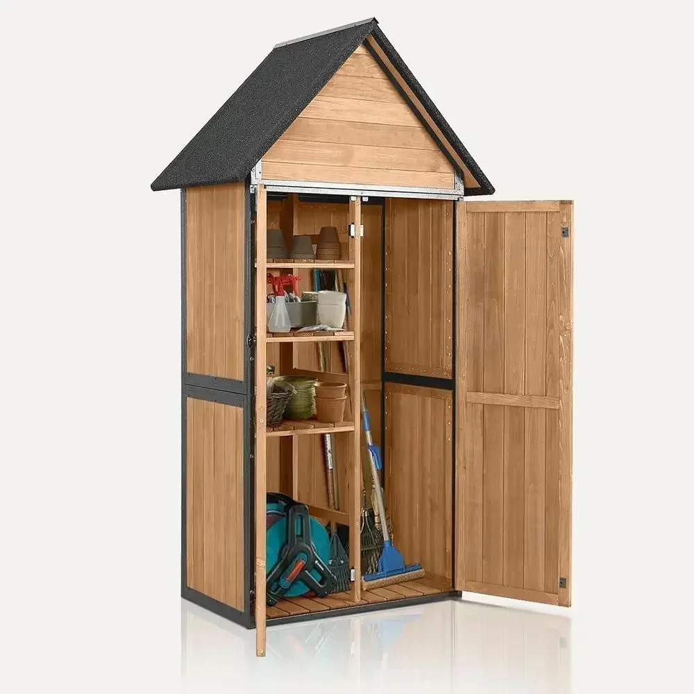 Brown Outdoor Storage Shed with Floor and Waterproof Roof - Metal Tool Cabinet with Adjustable Shelves and Double Lockable Doors