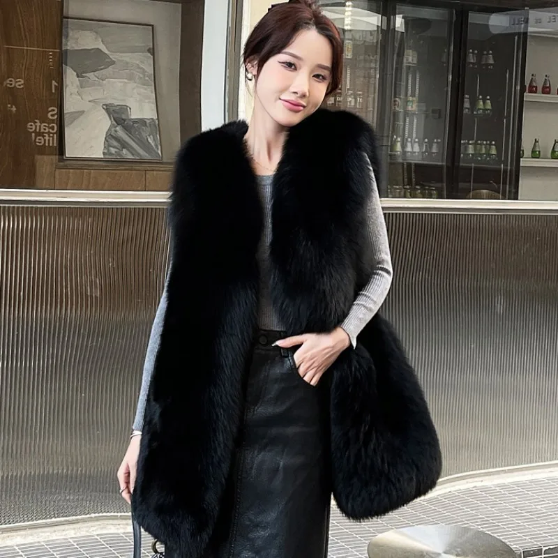 2024 Fashion Natural Silver Fox Fur Coat Women Blue-Fox  Vest Finnish Fox Whole Skin Fur Winter Thick Soft Warm Fox Fur Jacket