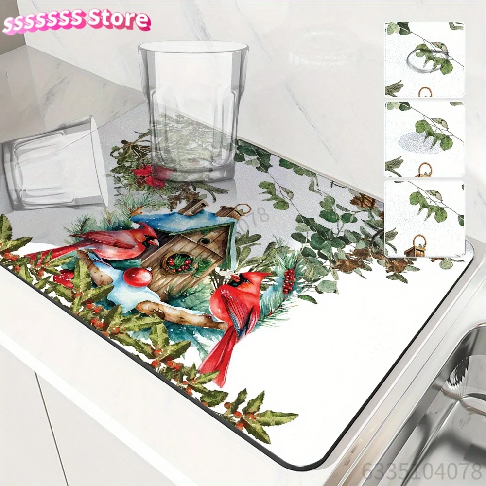 Festive Christmas Kitchen Mat, Polyester Cover with Rubber Back, Durable Drying Pad for Dishes, Holiday Home Decor