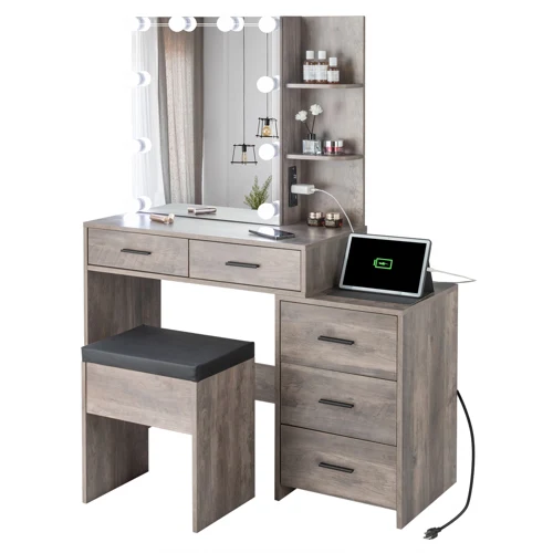 

Particleboard Triamine Veneer 5 Pumps 2 Shelves Mirror Cabinet Three Dimming Light Bulb Dressing Table Set Grey