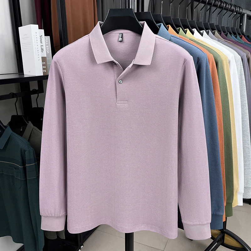 100% Reine Baumwolle Herbst Winter Herren Hochwertiges Designer Modisches Langarm-Boutique-Polohemd mit Knöpfen Lässig Bequem – Detail 21