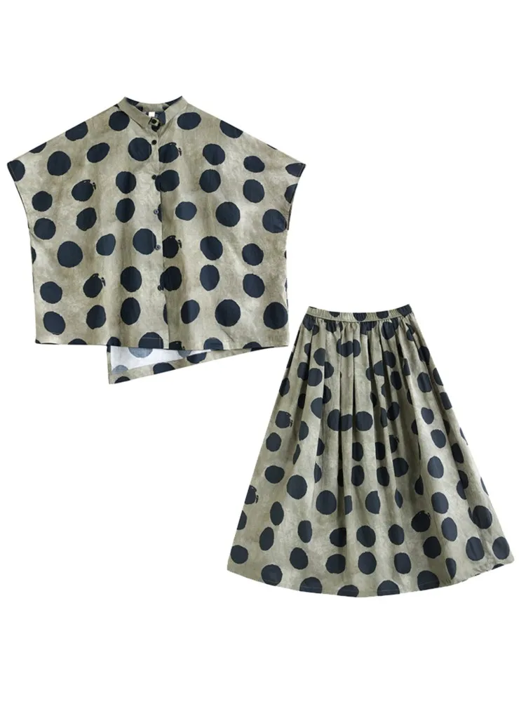 Oversized Polka Dot Print Summer 2 Two Piece Set Women Irregular Casual Fashion Ladies Blouses Loose Ruffle Pleated Woman Skirts