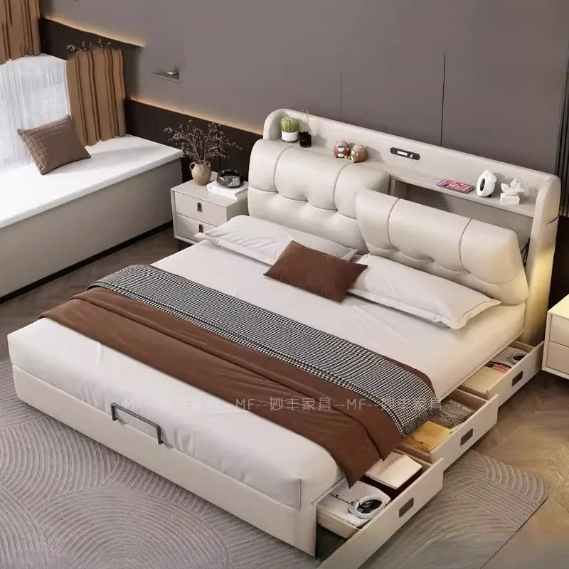 

Leather Modern Bed Luxury Girls Queen Drawer Upholstered Storage Bed Frames Minimalist Muebles Para El Hogar Home Furniture