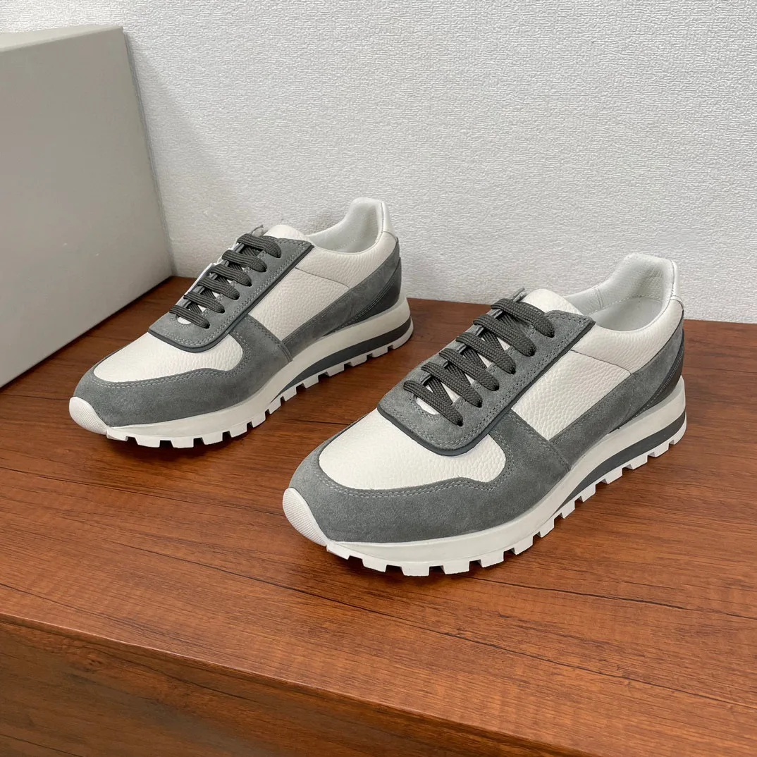 

2026 Non-Slip Men's Lace-Up Trainers Grainy Calfskin Suede Patchwork Thick Sole Soft Breathable Premium Casual Sneakers