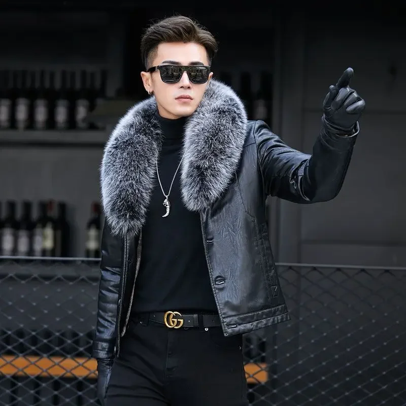 Winter Men's Fur Integrated Leather Jacket Male Sheepskin Lamb Fur Inner Liner Genuine Leather Jacket Man Fleece Real Fur Coat