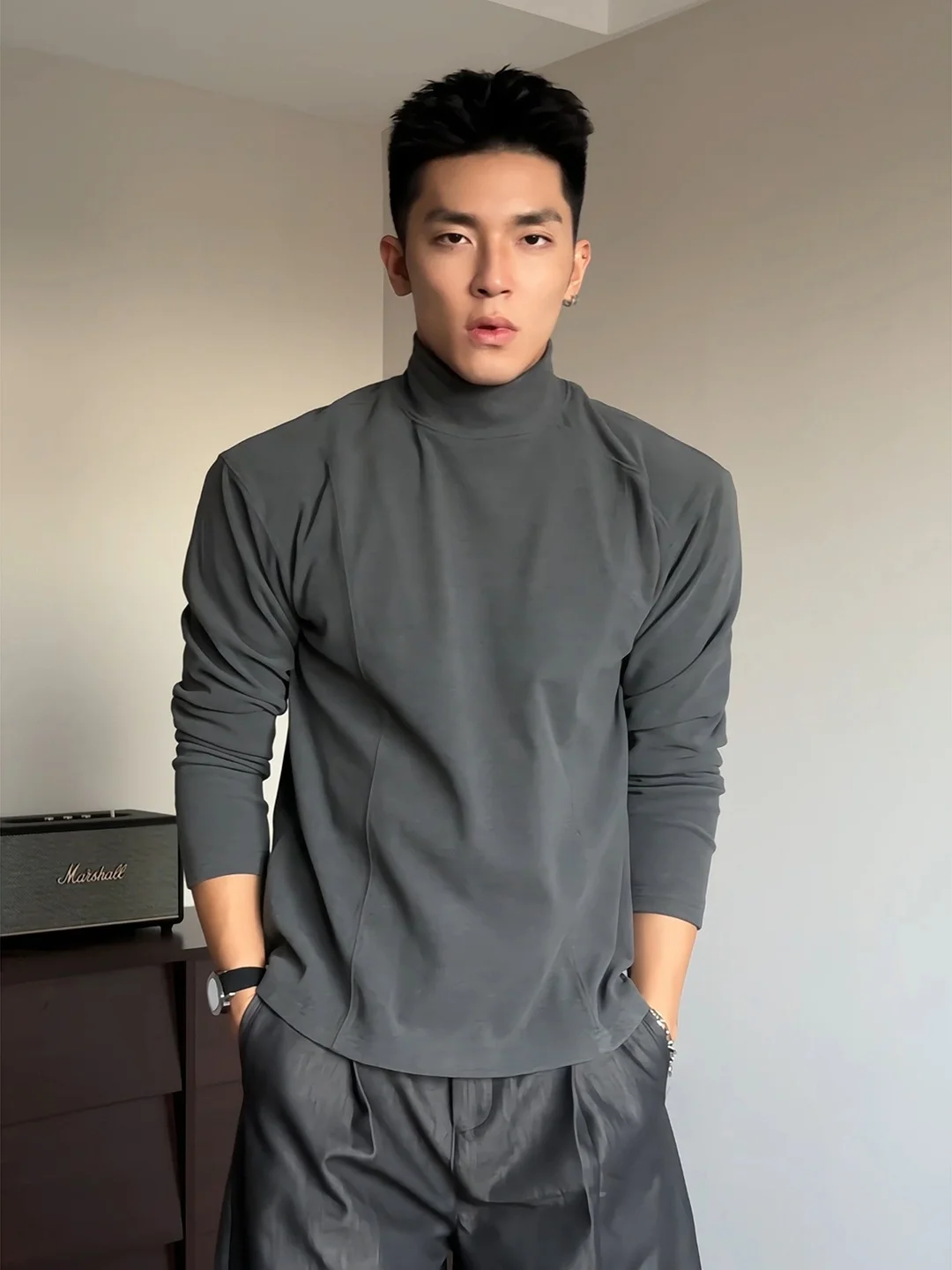 Gray Half-High Collar Men's Long Sleeve T-Shirt German Velvet Base Shirt American Style Sweatshirt Cleanfit Shoulder Fit Autu...