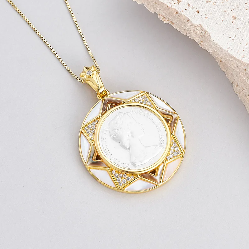 S925 Sterling Silver Charms Pendant for Women Contrast Colored Six Pointed Stars White Shell Beauty's Head Jewelry Wholesale