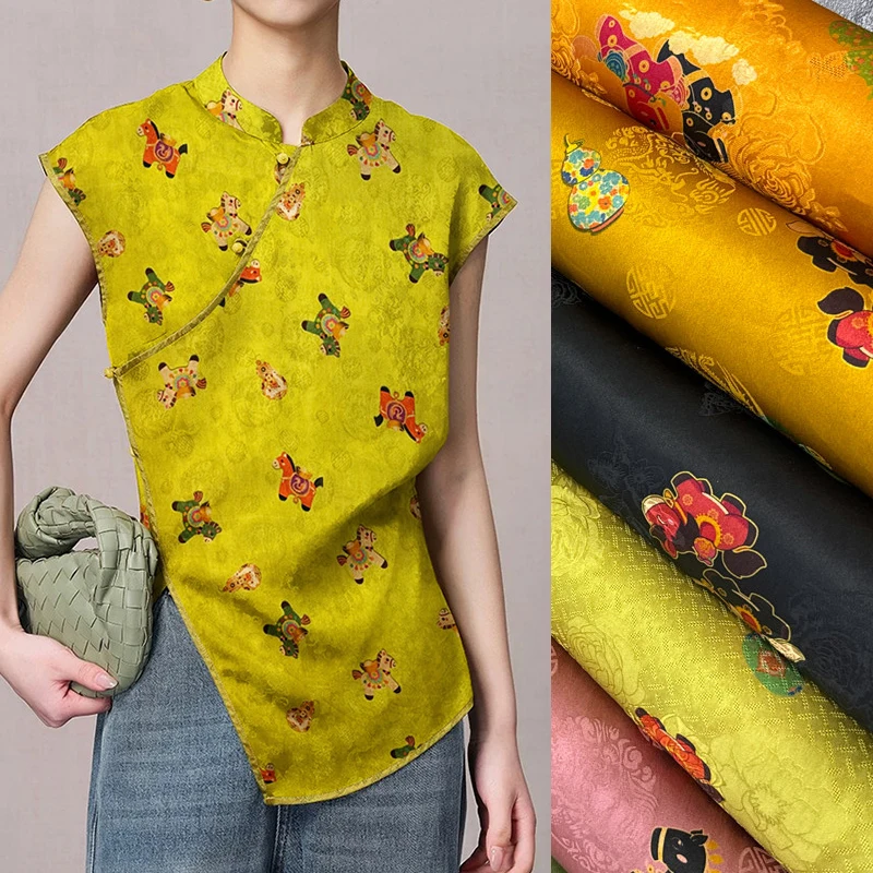 4Colors 114CM Wide 25MM Gold Ingot and Horses Printed Silk Fabric for DIY Sewing Summer Dress Pants Pajamas R6514-1