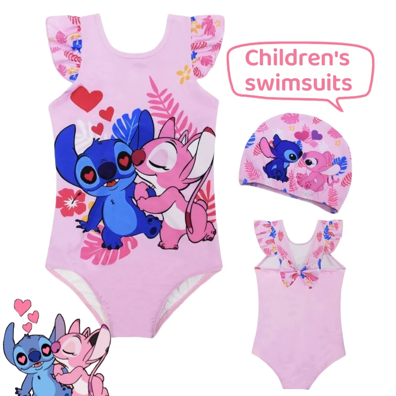 

Stitch Angel Anime Cartoon Pattern Cute Children's One piece Swimsuit Kawaii Girls Beach Swimming Diving Robe Swimming Hat Set