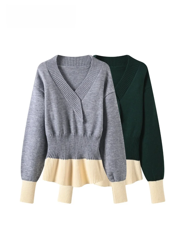 

plus Size V-Ne Long Sve Knitwear Casual Sle Women's Sweater Autumn Winter New plus Size Splicing Slimming Trendy Sweater