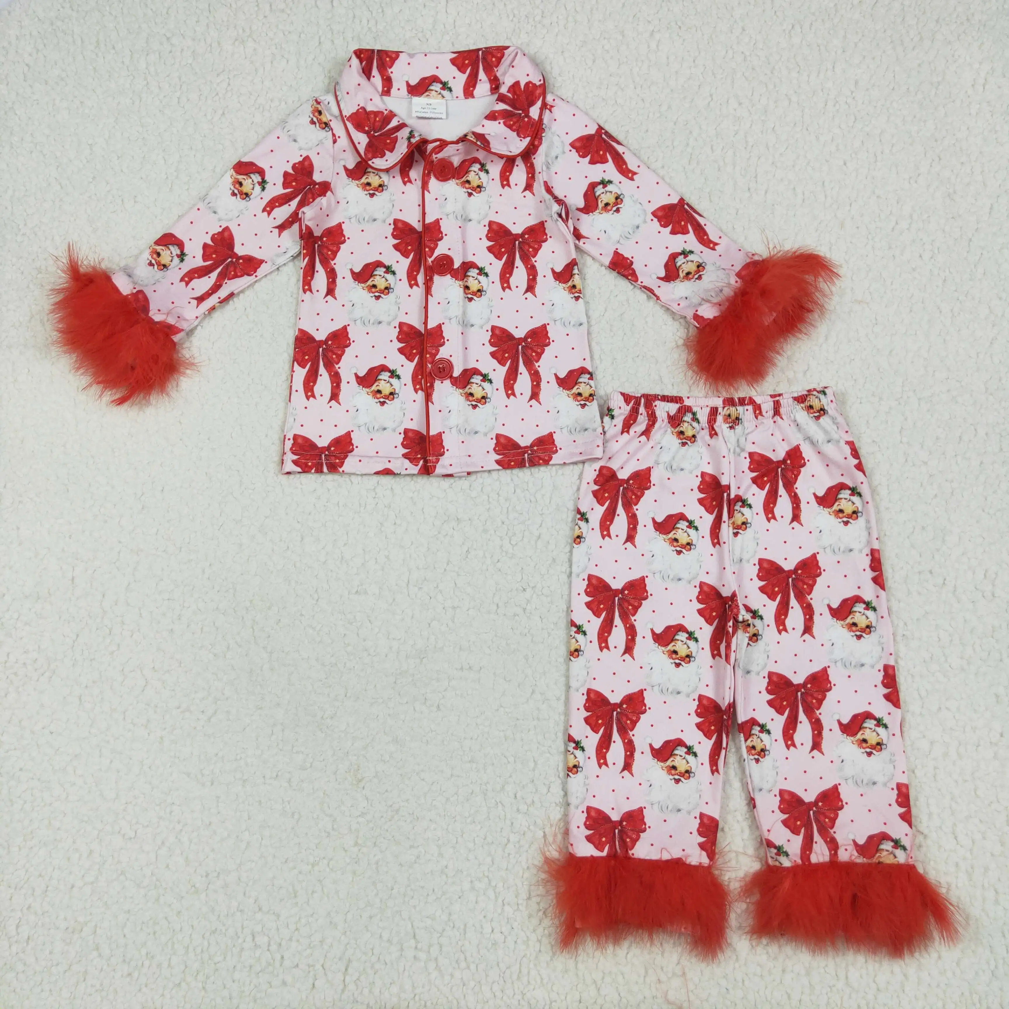 Toddler Baby Girl Christmas Pajamas Sets Children Fur Bows Santa Print Lapel Neck Button-up Tops Long Pants Loungewear Clothes