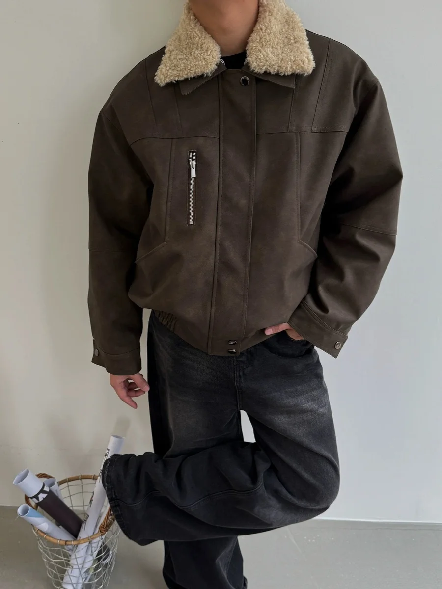 

Retro American Cotton Jaet Loose Lamb Fur Inteated Thiened Stand Collar Men Women Winter Warm Waterproof Zipper Closure