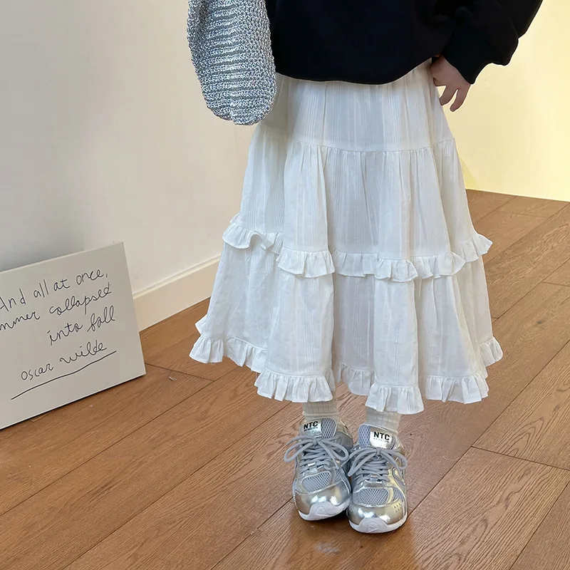 Children Clothes Girls Skirt 2024 Autumn New Temperament Long Layered Princess Casual Sweet Solid Color Lace Cake Skirt