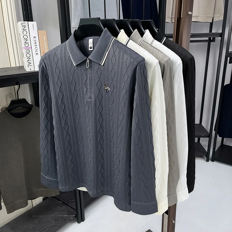 Hochwertiges Herren-Poloshirt mit Stickerei-Print, einfarbig, Jacquard, langärmelig, halber Reißverschluss, Kragen-T-Shirt, lässige Mode für Herren. – Detail 1