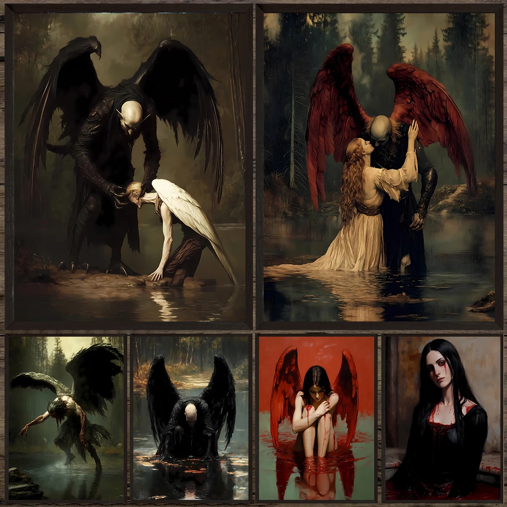 

Fallen Angels,Demons And Vampires Gothic Wall Art Canvas Painting,Dark Witchcraft Aesthetic Art Poster Print Home Decor Unframed