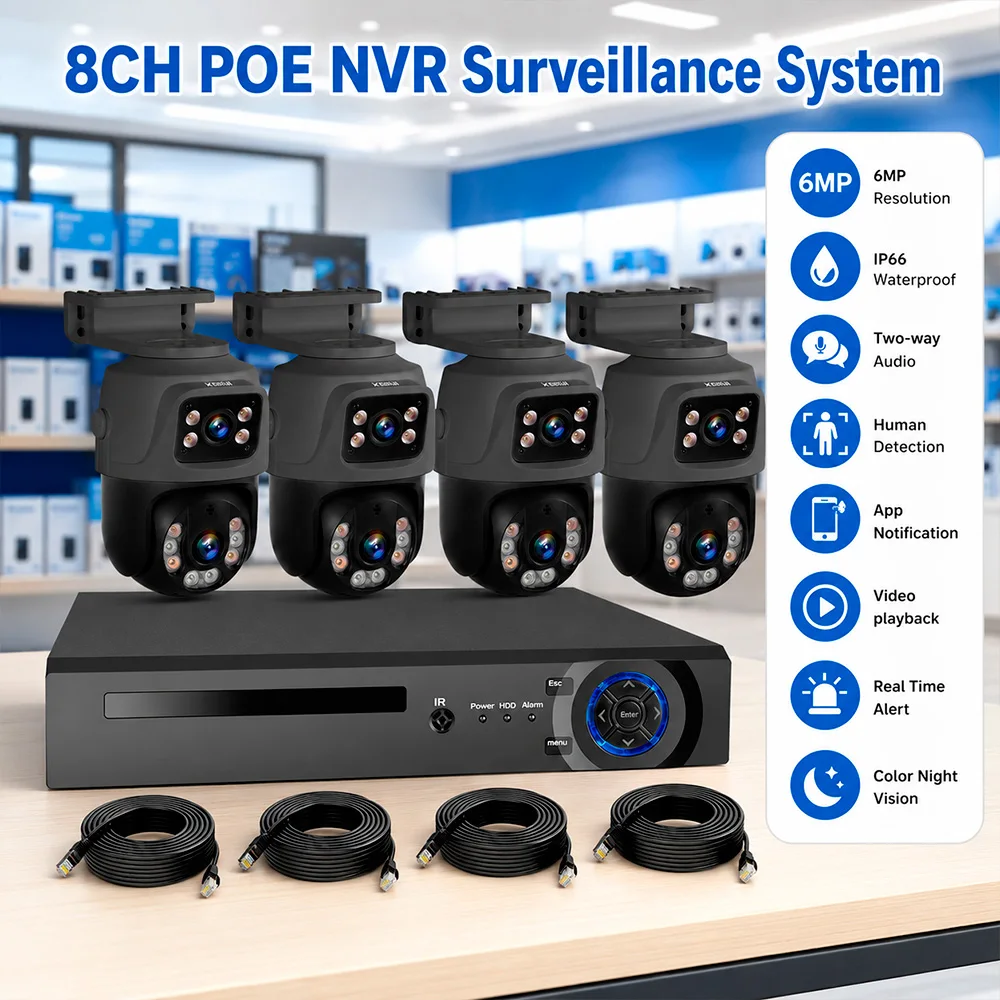 KERUI 8CH POE NVR H.265 6MP HD Dual Lens POE Camera CCTV Outdoor Surveillance System Kit Video Recorder Home Security Onvif