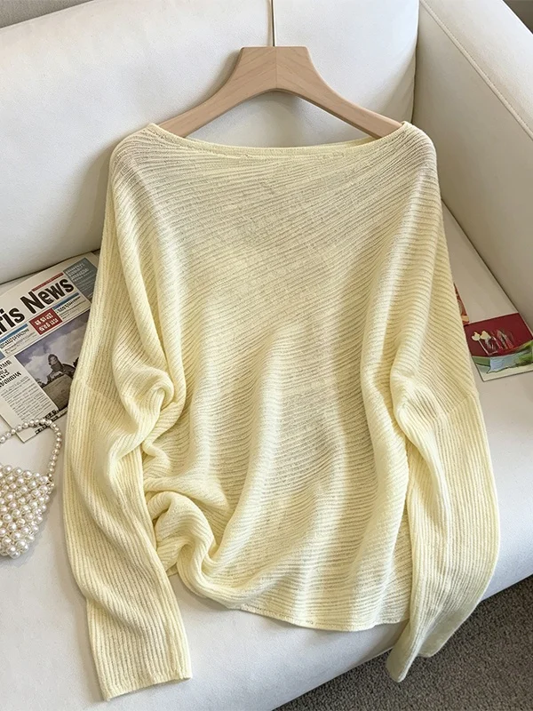 

Slimming Batwing Sleeve One Shoulder Thin Knitted Summer Top for Women Beautiful Long Sleeve T Shirt Korean Style Commute Fas...