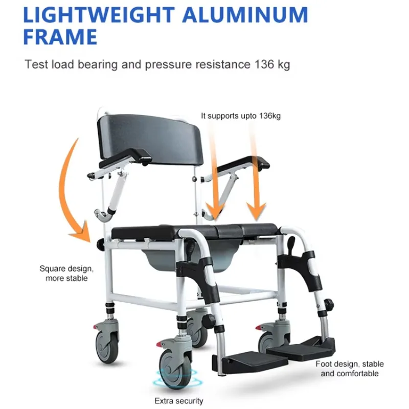 Commode Shower Wheelchair Aluminum Alloy Lightweight Foldable Adjustable Comfortable 136KG Capacity Bathroom Safety