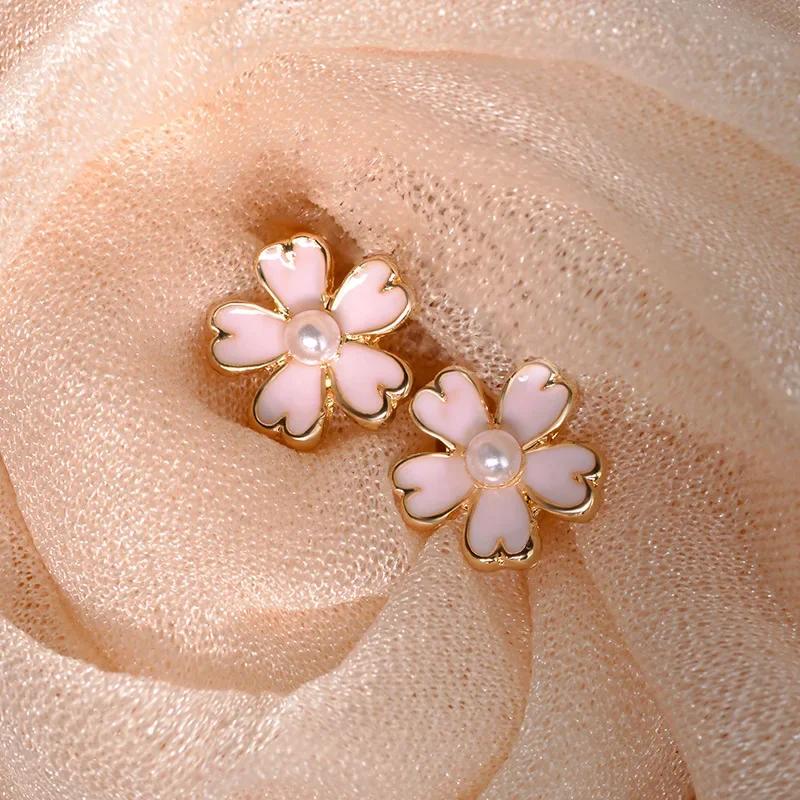 Sweet Pink Cherry Blossoms Sakura Flower Imitation Pearl Stud Earring for Woman Brincos Jewelry Orejeras Gift