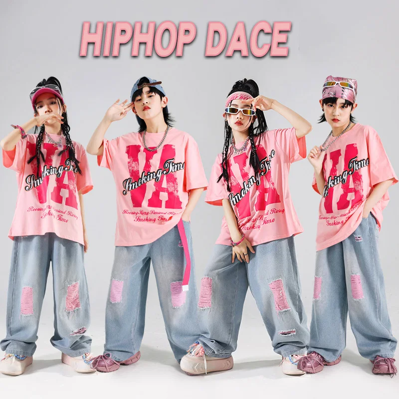 Mädchen Streetwear Street Dance T-shirt Rosa Lose Jeans Hip Hop Kleidung für Kinder Jazz Zerrissene Denim Hosen Outfits Teen Kostüm