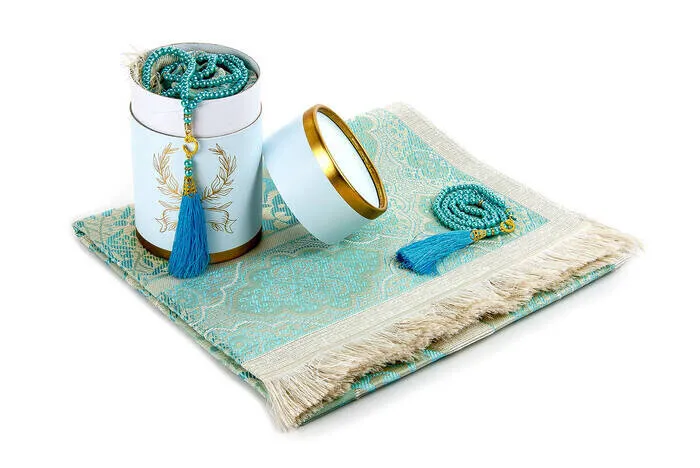 IQRAH Cylinder Box Blue, Seccade, Gift Set With Pearl Rosary