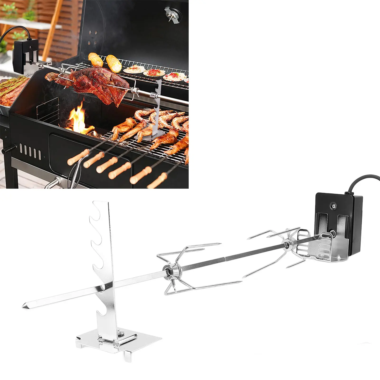 Rotisserie Grill Kit Waterproof Switch Stable Rotating Motor Strong Load Bearing Stainless Steel Universal Heavy Duty Rotisserie