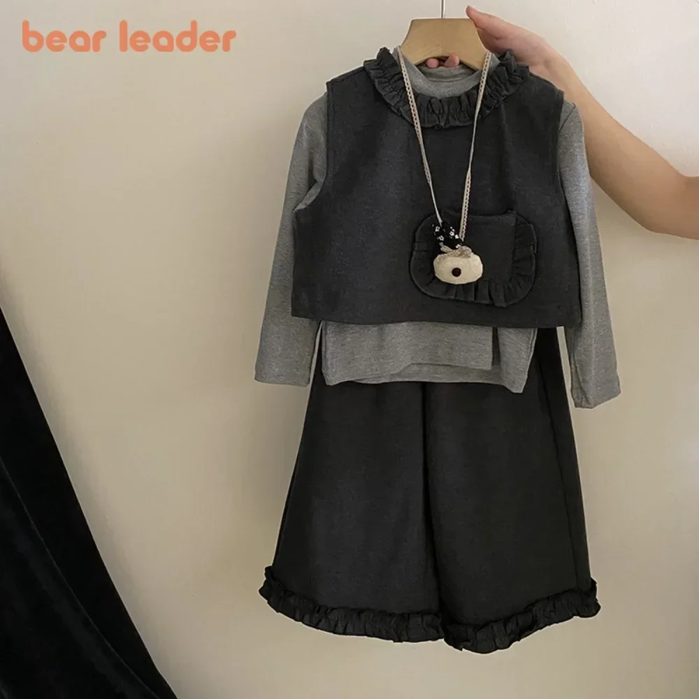 Bear Leader Fashion New Girls' Suit Autumn Long Sleeved Solid Color Top+Pocket Vest+Pants Korean Version Gray Three Piece Set