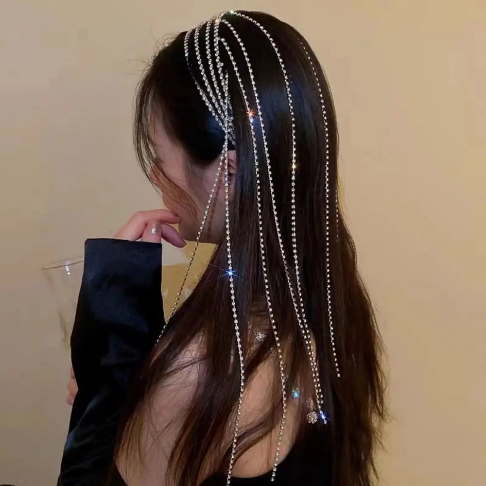 

Exaggerated Design Rhinestones Tassel Headband Reflection Luxury Long Tassel Hair Hoop Headpiece Multi Layered