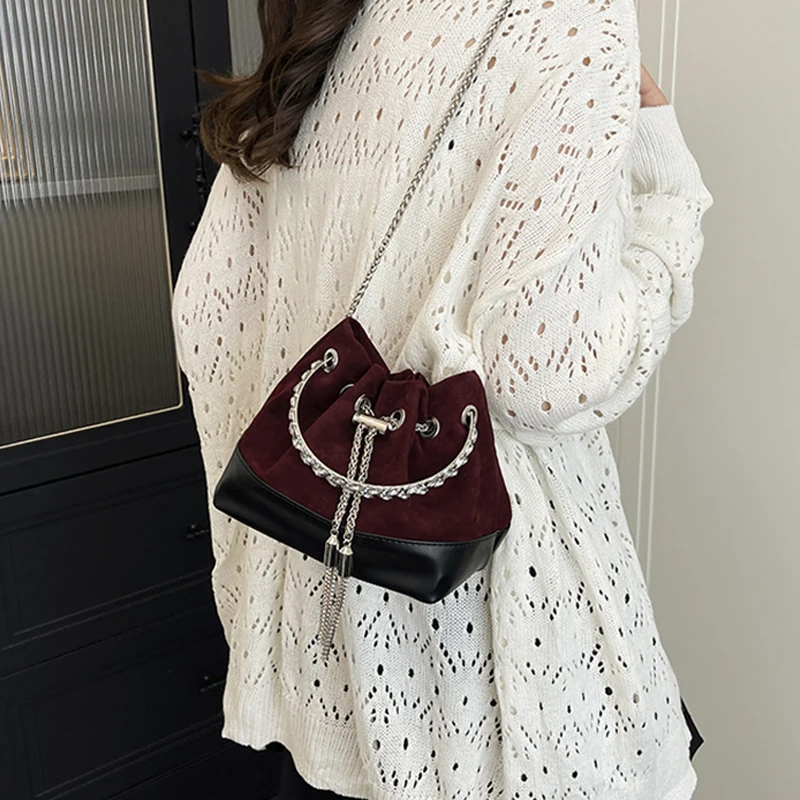 

Texture PU Suede Splicing Chain One Shoulder Bag Elegant Fashion Women Bucket Crossbody Bags Luxurt Designer Party Mini Handbag