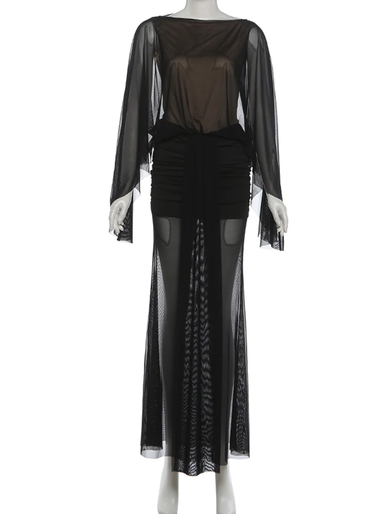 Estranho gato sem costas borboleta vestido feminino dupla camada retalhos ruched manga cheia estiramento magro clubwear festa maxi bodycon