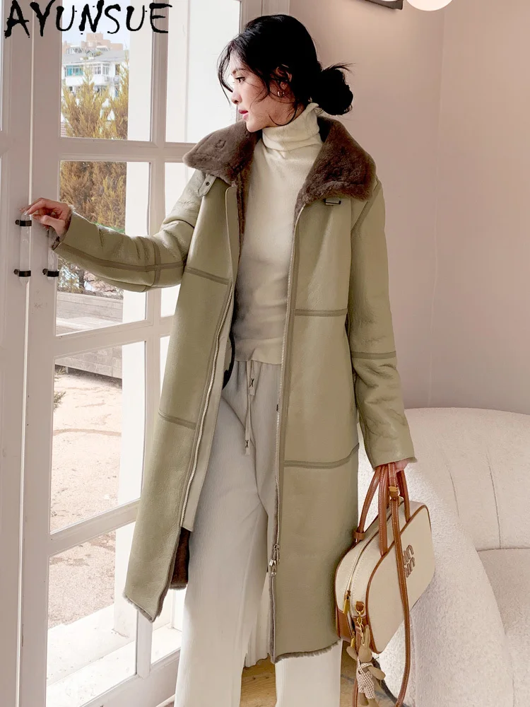 AYUNSUE 진짜 가죽 자켓 여성 겨울 코트 양모 천연 양피 모피 코트 여성 의류 롱 스타일 Пальто Женское