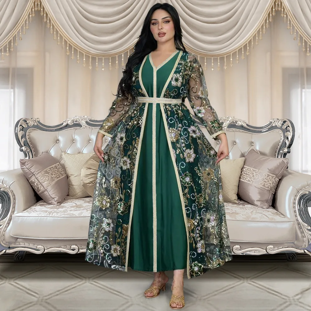 2PCS Eid Mubarak Muslim Women Mesh EMbroidery Abayas With Inner Dress Set Marocain Kaftan Dubai Turkey Jalabiya Ramadan Jalabiya