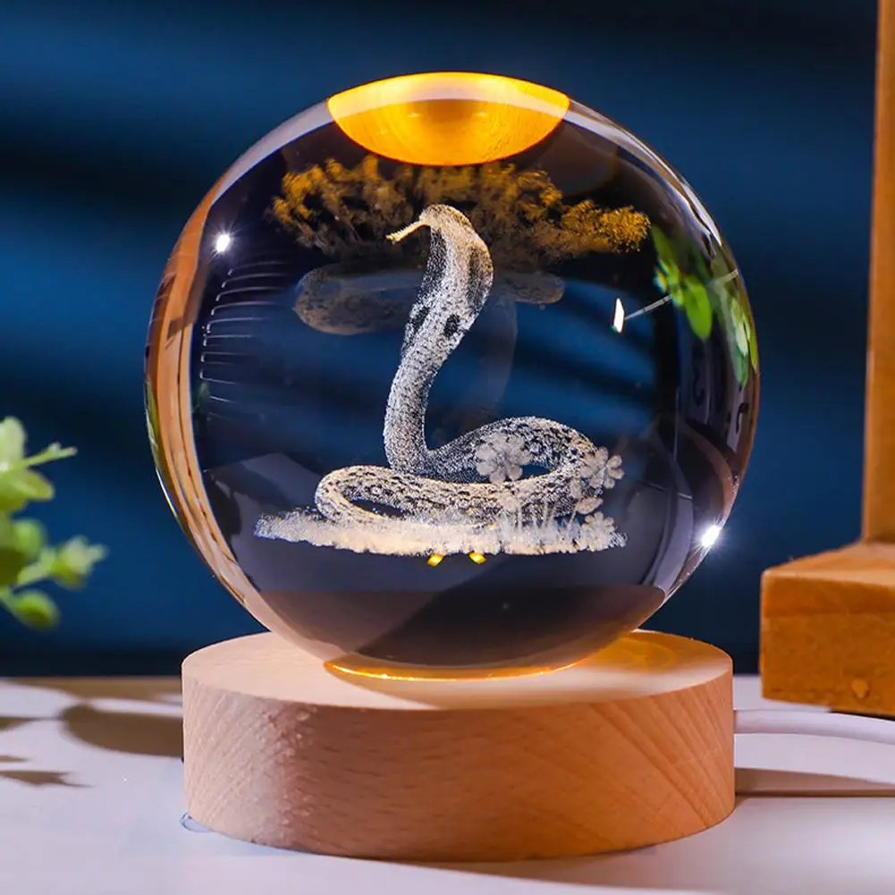 1pc, snake crystal ball night light, wooden base home lamp decoration, girlfriend, wife birthday gift, party gift