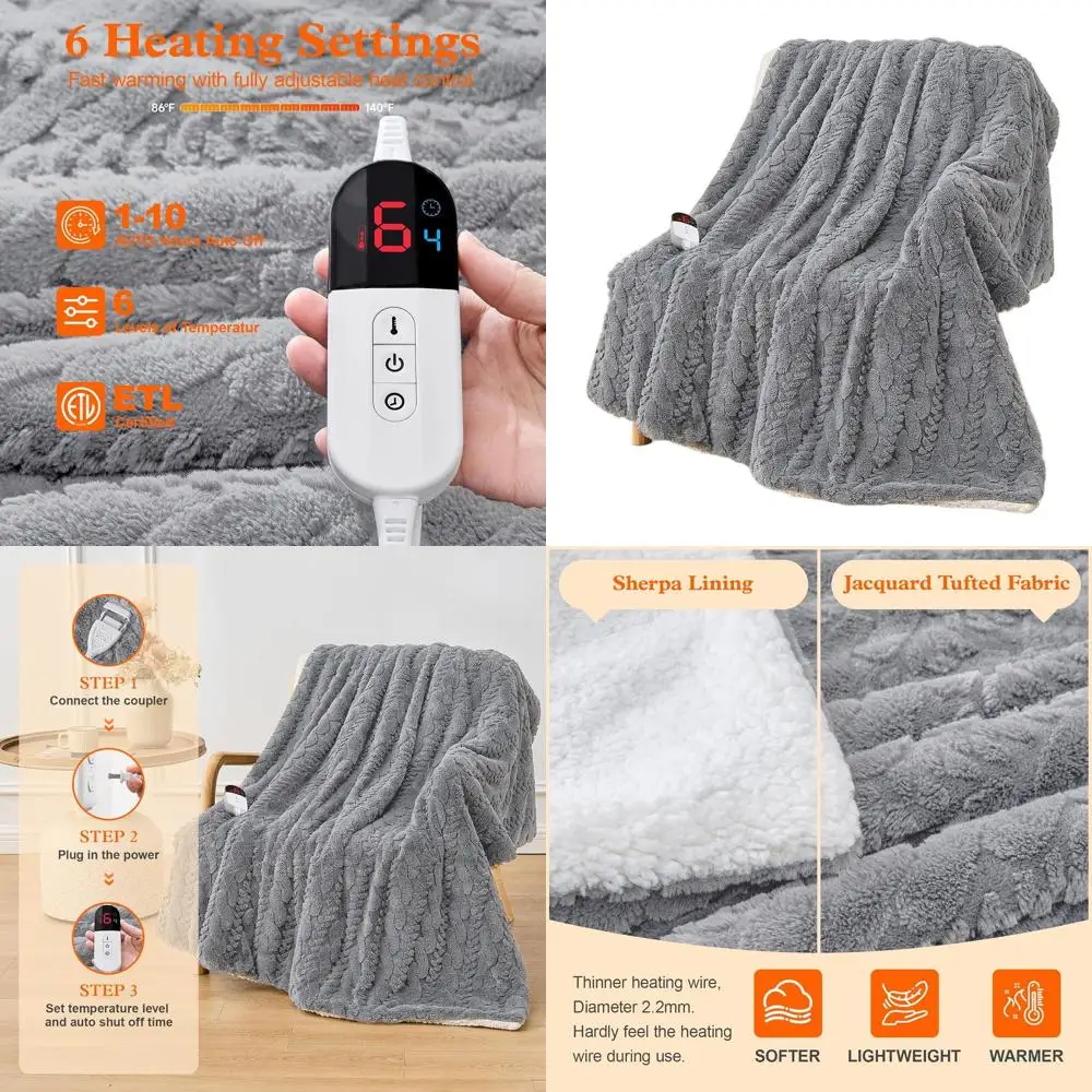 

Twin Jacquard Shaggy Sherpa Electric Blanket, 62x84, 6 Heat Levels, 10-Hour Auto-Off, Overheat Protection, ETL Certified, Light