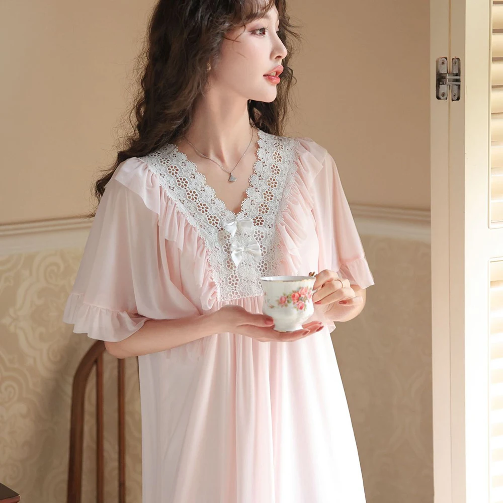

French high-end princess court style lace short-sleeved long nightdress pajamas for women 2025 summer new modal nightgown