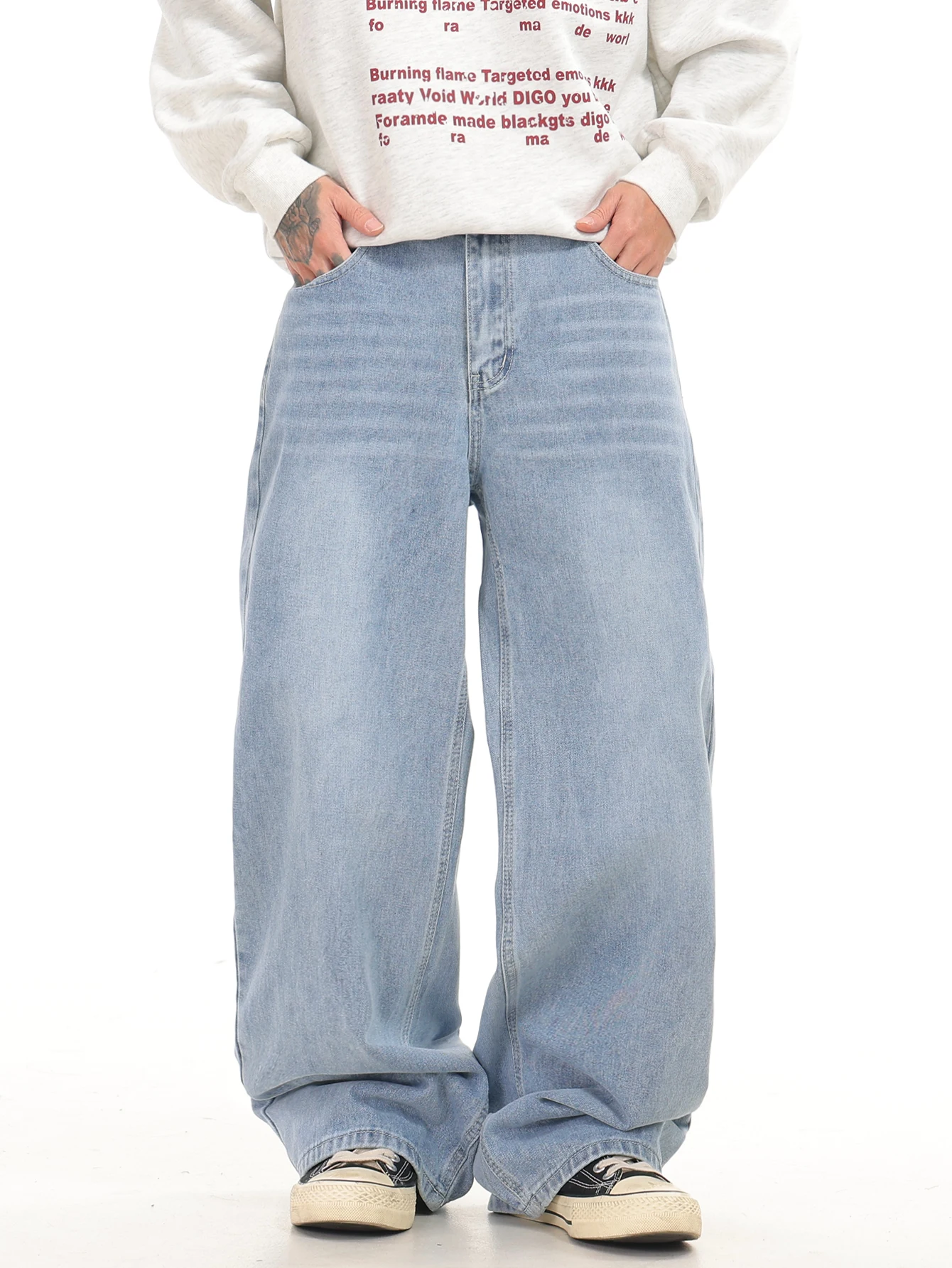 Men's Baggy Jeans Versatile And Stylish With Distressed Blue Whiskers, Casual And Minimalist Wide-Leg Pants, All Seasons