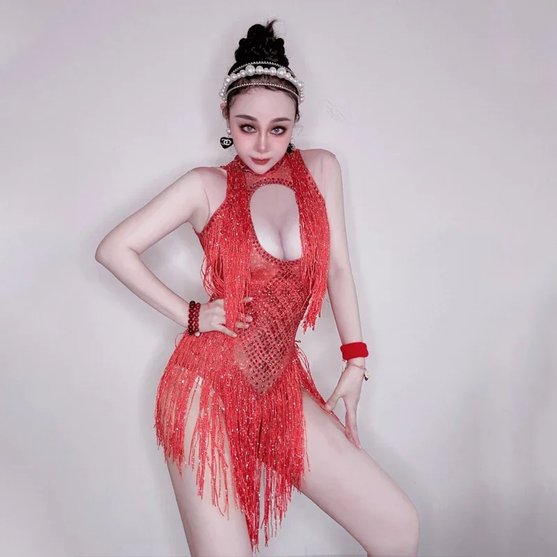 

Gogo Dance Costume Rhinestones Full Fringed Bodysuit Sexy Stretch Pole Dance Outfit Birthday Celebrate Stage outfit