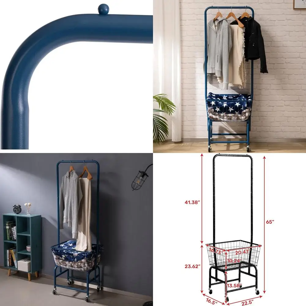 

Navy Blue Rolling Laundry Cart with Wire Clothes Rack