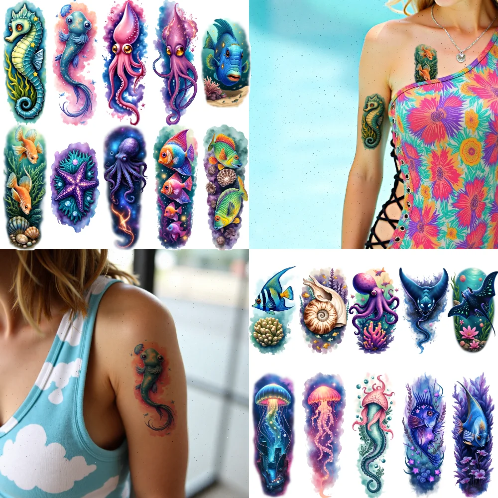 

12pcs Temporary Tattoo Fish Colorful Realism Octopus Seahorse Realistic Temporary Tattoos For Men Arms Women