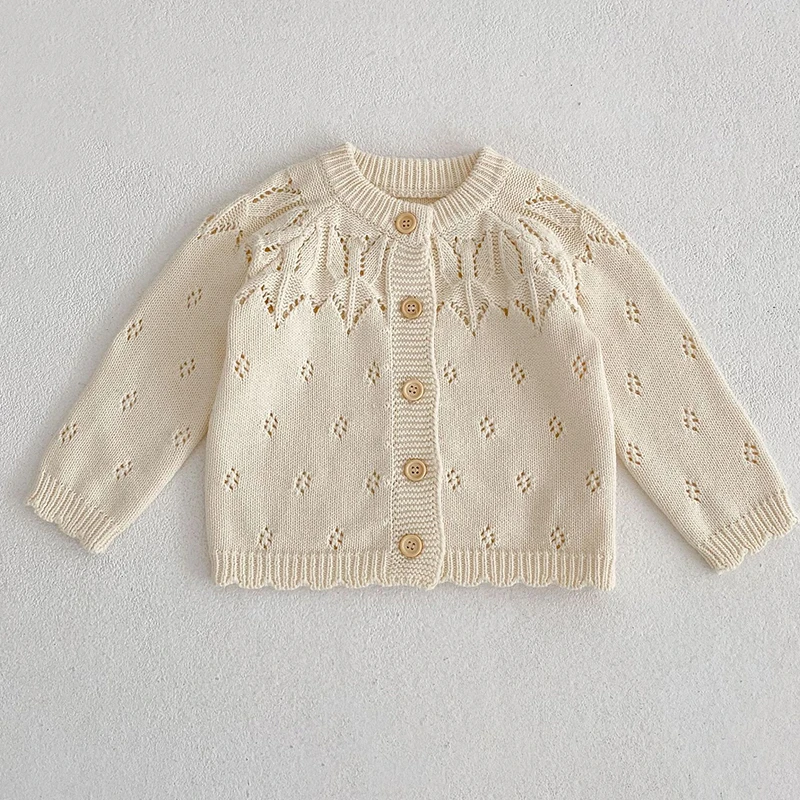 New Infant Baby Girls Knitting Cardigan Long Sleeve Solid Color Hollow Out Autumn Spring Newborn Baby Girls Sweater Coat