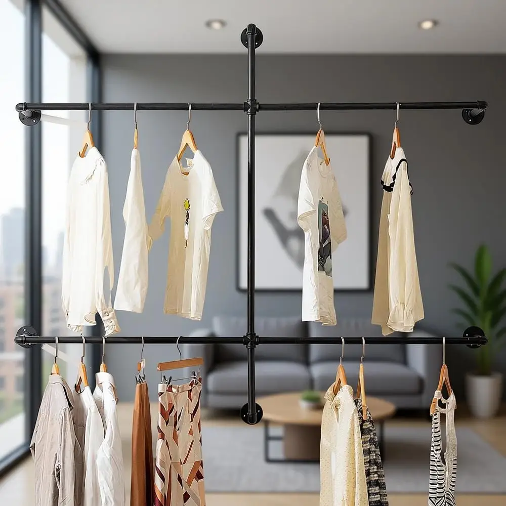 

Sturdy Wall-Mounted Pipe Clothing Rack: Open Wardrobe System for Walk-In Closets and Heavy-Duty Hanging