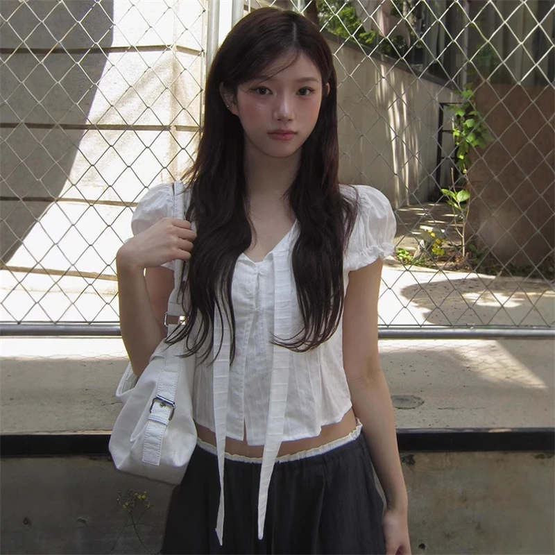 

Ele White Ort Irt для женщин Шикарный летний модный топ на пуговицах Bubble Sve Свободный крой круглый Ne Long Sve