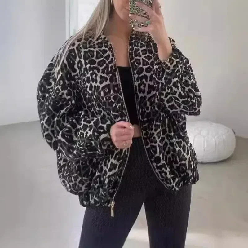 Abrigos cortos Retro con estampado de leopardo para mujer, chaquetas de manga larga con cuello redondo y cremallera, ropa de calle cálida para otoño e invierno, 2024